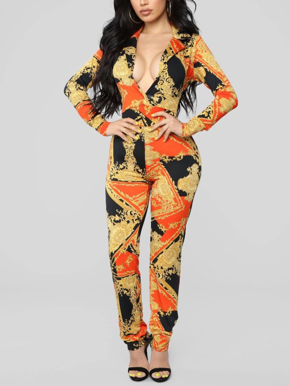 Fashion Nova Stylish Black Orange and Gold Jumpsuit
